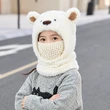 Mũ len trùm đầu liền khăn quàng và khẩu trang cho bé hình gấu hoạt hình, lót lông giữ ấm mùa đông, che tai