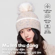 Mũ len nữ 2 lớp đính quả bông, kiểu lỗ thoáng, che tai giữ ấm, thu đông