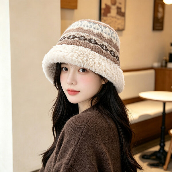Mũ bucket len nữ lót lông, giữ ấm che tai, phù hợp đi ngoài...