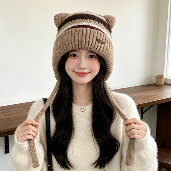 Mũ len nữ tai mèo dễ thương, lót lông giữ ấm, che tai, đội...