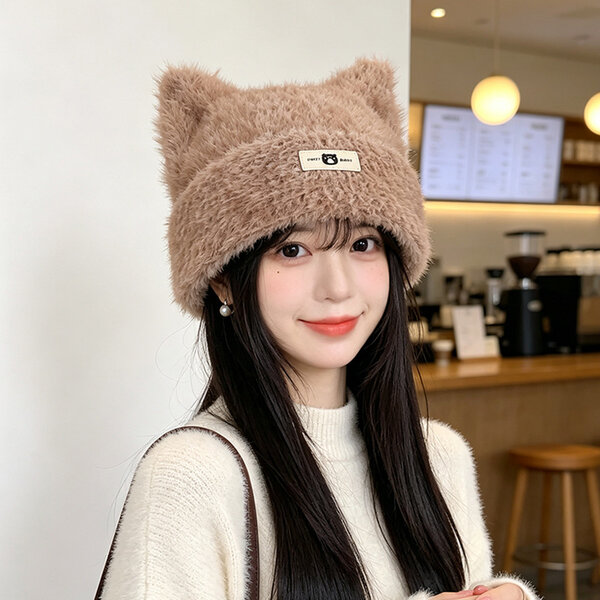 Mũ len nữ giữ ấm mùa đông, có che tai, lông mềm, tai mèo dễ...