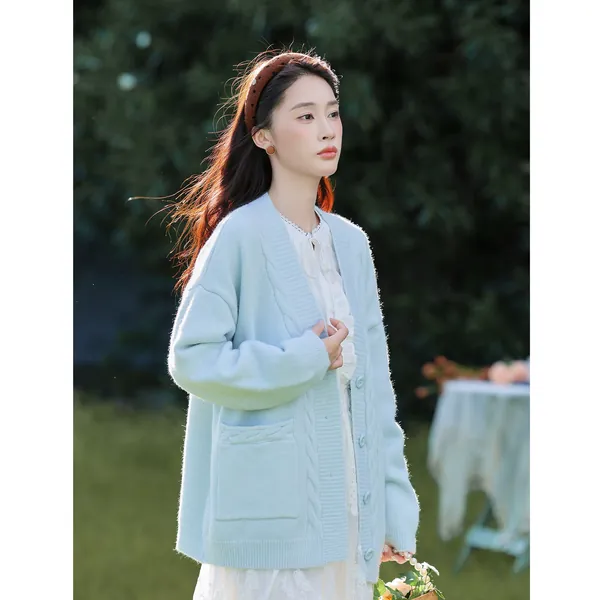 Áo cardigan len dệt kim nữ cổ V dáng rộng phong cách ngọt ngào...