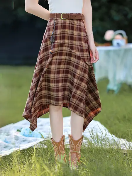 Chân váy chữ A caro phong cách vintage nữ, dáng dài qua gối bất...