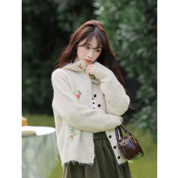 Áo cardigan len dệt kim nữ cổ bẻ thêu tay phong cách nghệ thuật,...