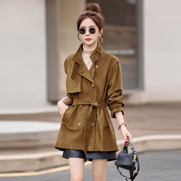 Áo khoác trench da lộn nữ dáng dài vừa mùa thu phong cách retro...