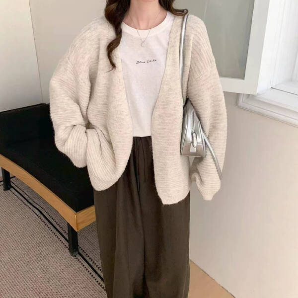 Áo cardigan len dệt kim dáng rộng kiểu cánh dơi tay phồng mềm...
