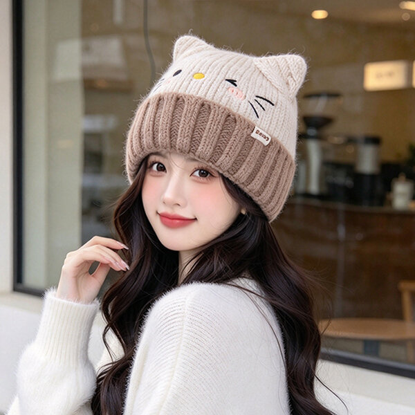 Mũ len tai mèo dễ thương mùa đông lót lông giữ ấm che tai, mũ...