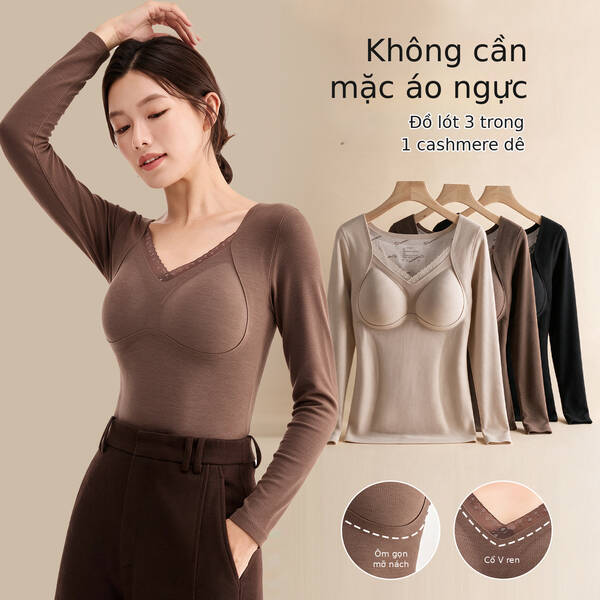 Áo giữ nhiệt ren dày dặn cho nữ, có đệm ngực, mặc không...