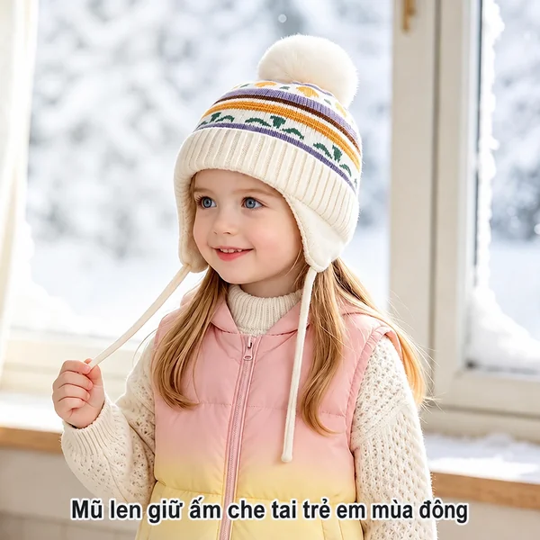 Mũ len dệt kim trẻ em mùa đông, lót lông giữ ấm, che tai, họa...