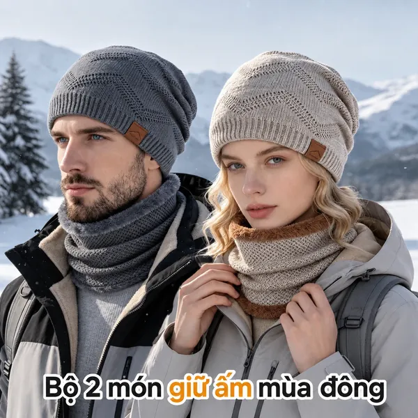 Bộ mũ len nam nữ dệt kim giữ ấm mùa đông ngoài trời kèm khăn...
