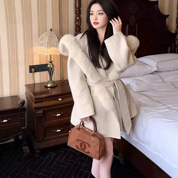 Áo khoác dạ Cashmere nữ có mũ, cổ lông lớn mùa đông