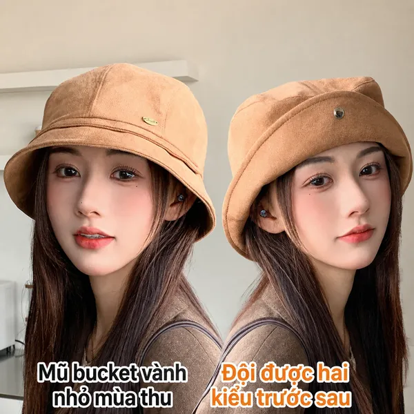 Mũ bucket nữ da lộn thời trang thu đông, dễ phối đồ