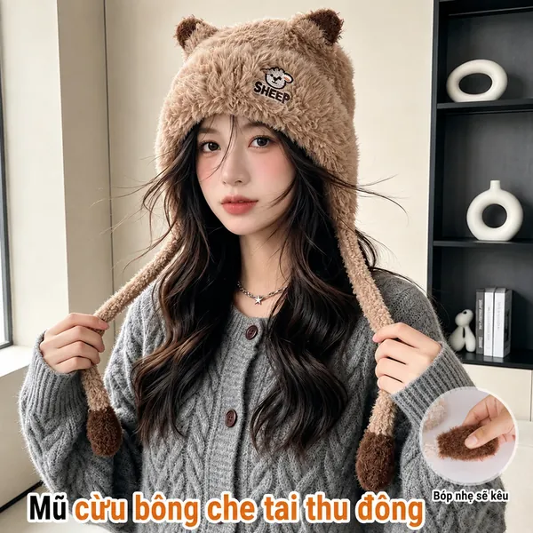 Mũ len nữ lông cừu đáng yêu, giữ ấm có che tai, hợp mặc mùa...