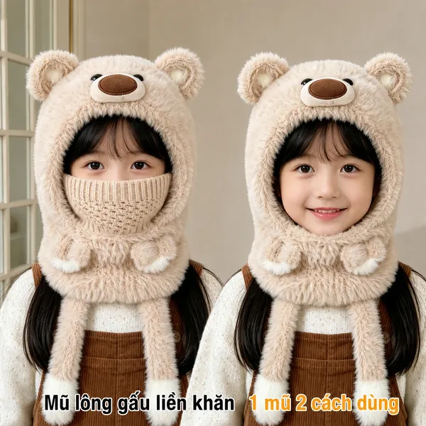 Mũ trùm đầu liền khăn quàng và khẩu trang cho bé trai bé gái...