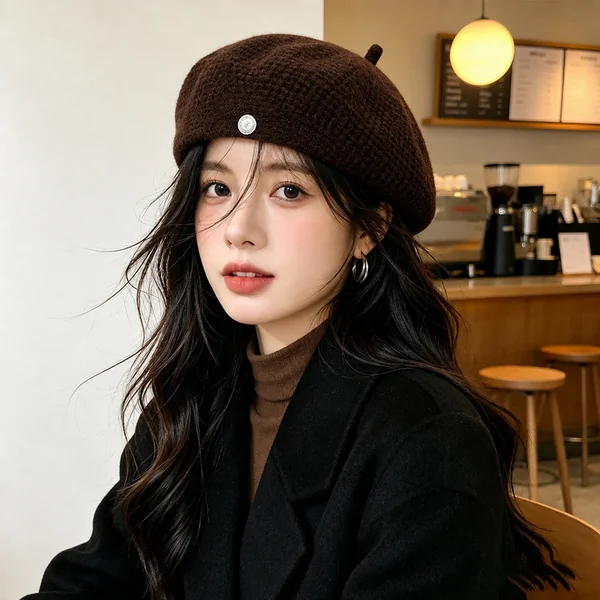 Mũ beret len nữ phong cách họa sĩ, đội thu đông ngoài trời