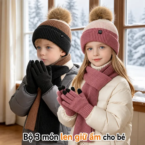 Bộ 3 mũ khăn quàng găng tay cho bé trai bé gái mùa đông, mũ len...