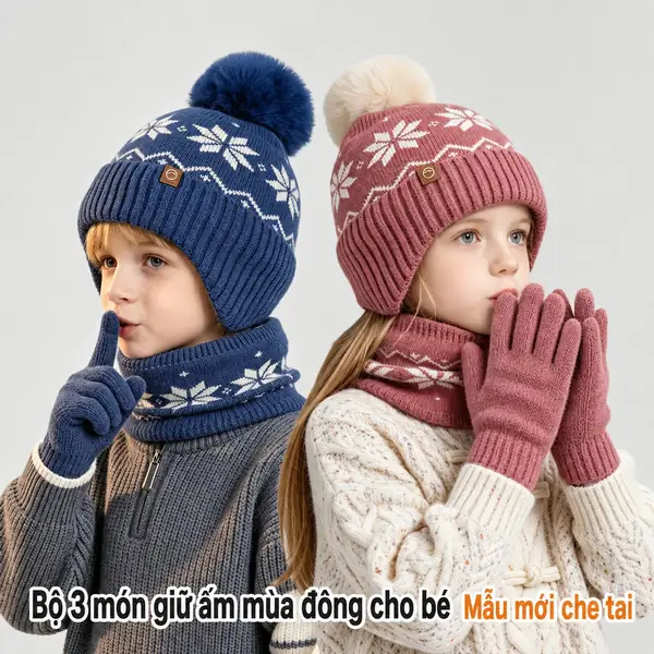 Bộ 3 món mũ len, găng tay và khăn ống cho bé trai bé gái, lót...