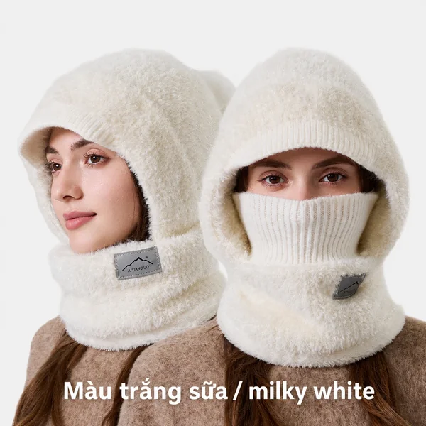 Mũ len nữ dệt kim phối màu có bịt tai giữ ấm mùa đông lót...
