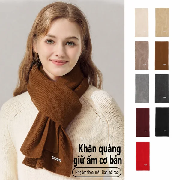 Khăn quàng cổ len nữ dệt kim trơn màu cơ bản, dày dặn giữ...