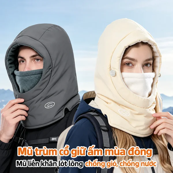 Mũ liền khăn quàng và khẩu trang nữ mùa đông lót lông giữ...