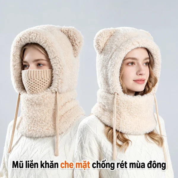 Mũ len nữ trùm đầu liền khăn quàng và khẩu trang, lót lông...