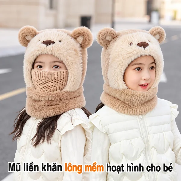 Mũ len trùm đầu liền khăn quàng và khẩu trang cho bé hình gấu...