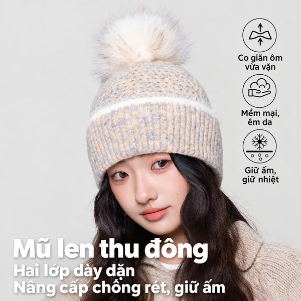Mũ len nữ 2 lớp đính quả bông, kiểu lỗ thoáng, che tai giữ...