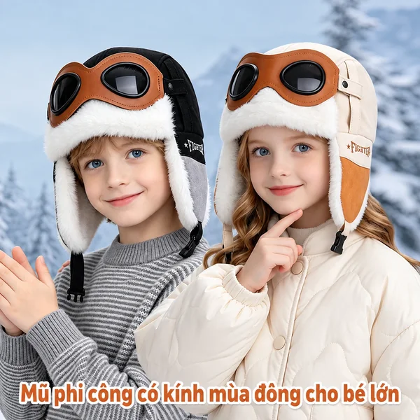 Mũ phi công kèm kính cho bé trai bé gái, lót lông giữ ấm, che tai,...