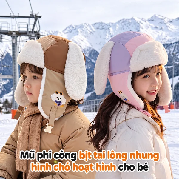 Mũ trẻ em bé trai bé gái hình chó dễ thương, chui đầu, lót...
