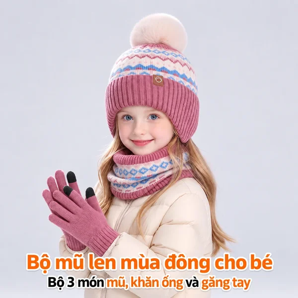 Bộ 2 món, bộ 3 món mũ len chui đầu, khăn ống và găng tay cho bé...