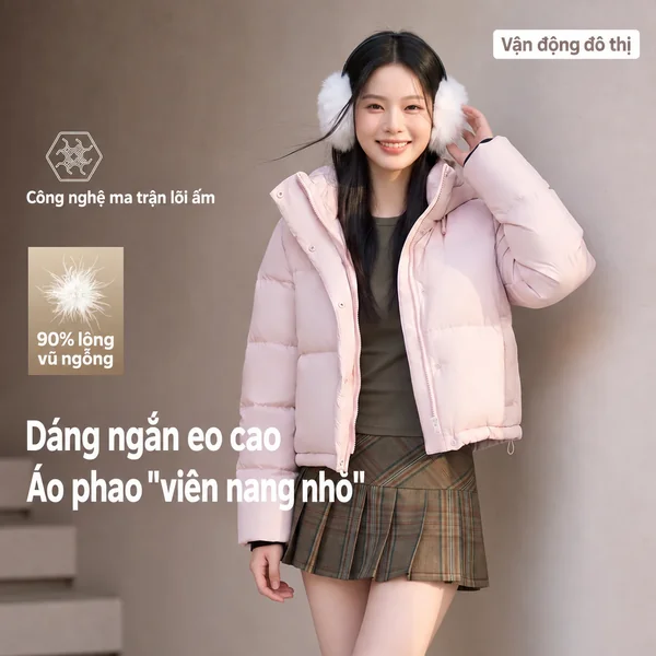 Áo phao lông ngỗng nữ dáng ngắn 3 ô mùa đông