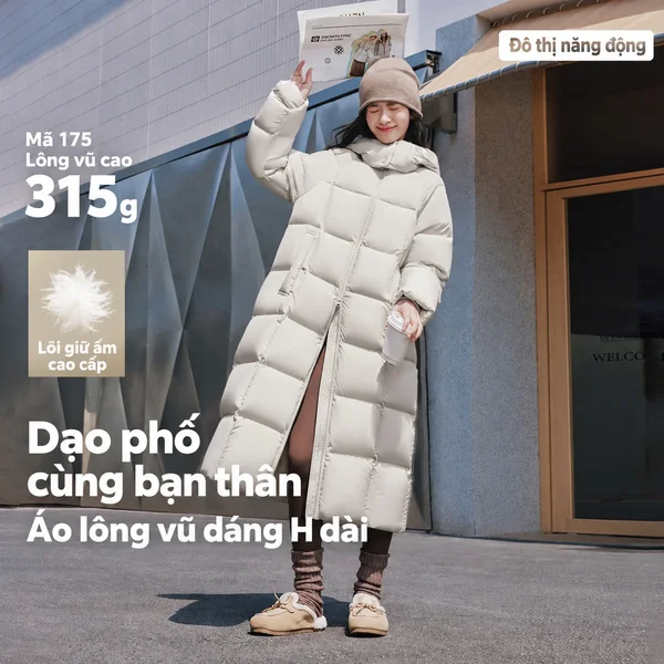 Áo khoác lông vũ dáng dài nữ mặc ngoài trời