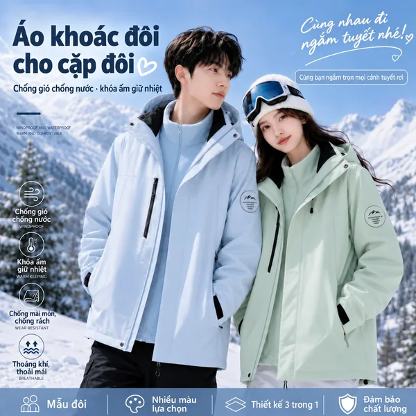 Áo khoác leo núi 3 trong 1 nam nữ, chống nước chống bám bẩn